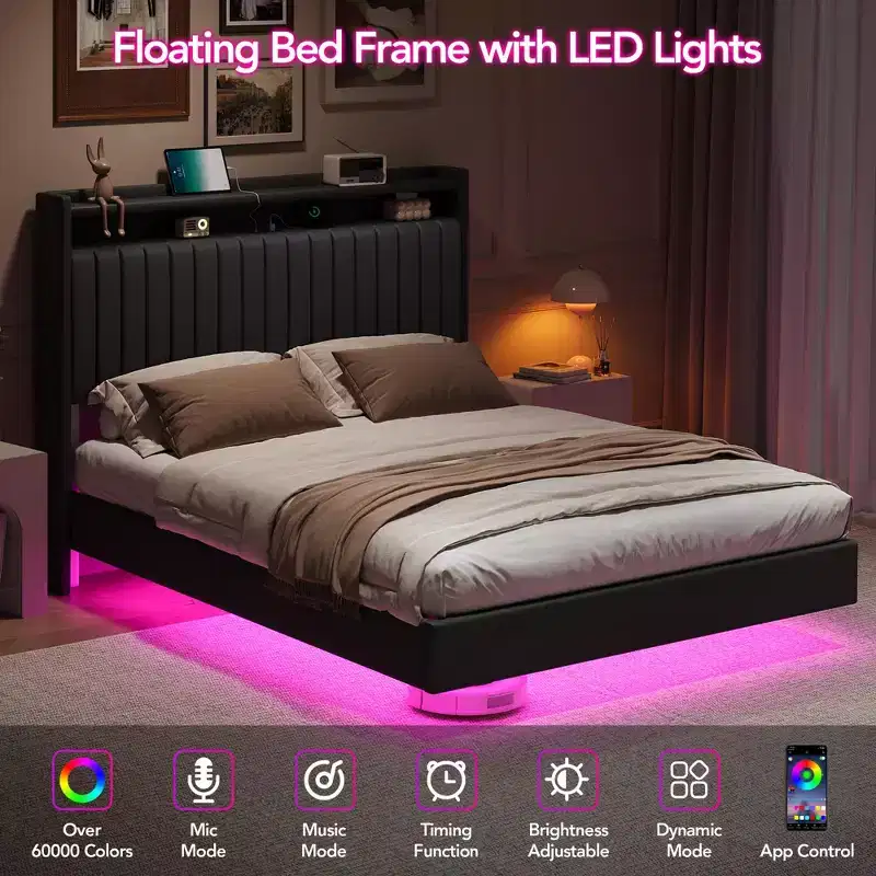 GustoWave Floating Bed Frame, with LED Lights & Charging Station