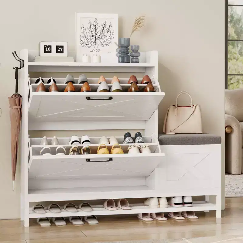 Shoe Cabinet with 2 Flip-Drawers & Storage Bench, Farmhouse Wood Freestanding Shoe Rack with 2 Hooks & Bottom Shelf for Entryway