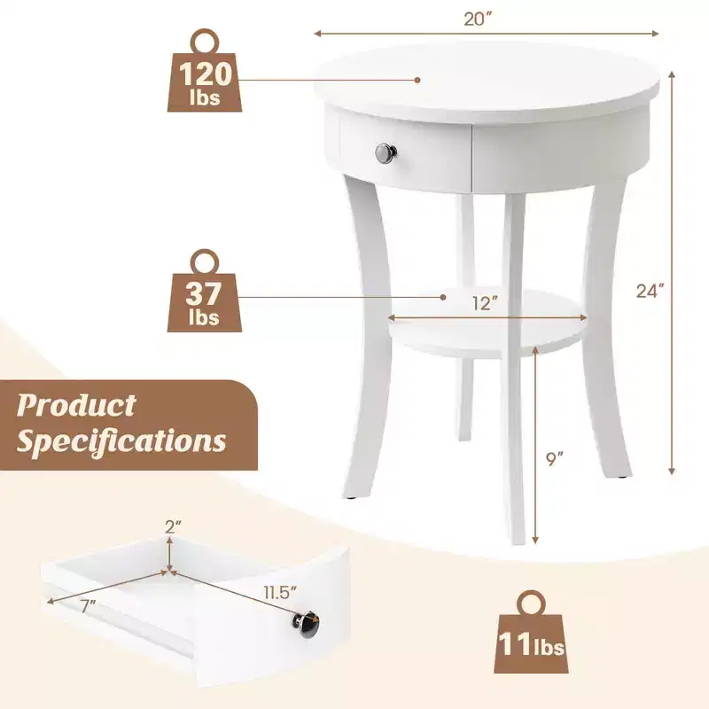 tier Side End Sofa Table Round Nightstand Bedroom Living Room White/Espresso/Black