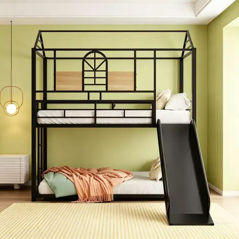 Twin Over Twin Metal House Bunk Bed with Slide and Shelf for Kids' Room