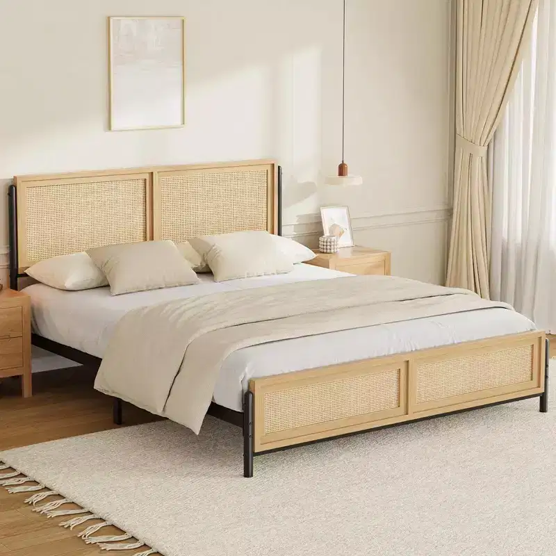 Boho Full/Queen/King Size Bed Frame with Natural Rattan Headboard and Footboard, Wooden Platform Bed, No Box Spring Needed, Noise-Free