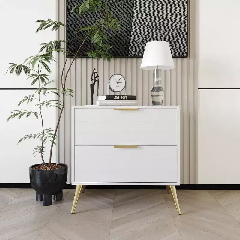 2-Drawer Nightstand with Gold Legs and Handles, Solid Wood