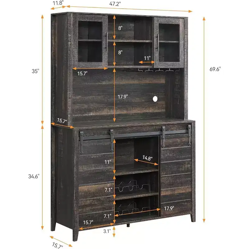 70 Tall Farmhouse Coffee Bar Cabinet with Sliding Barn Door, Ample Storage Buffet with 7 Adjustable Shelves