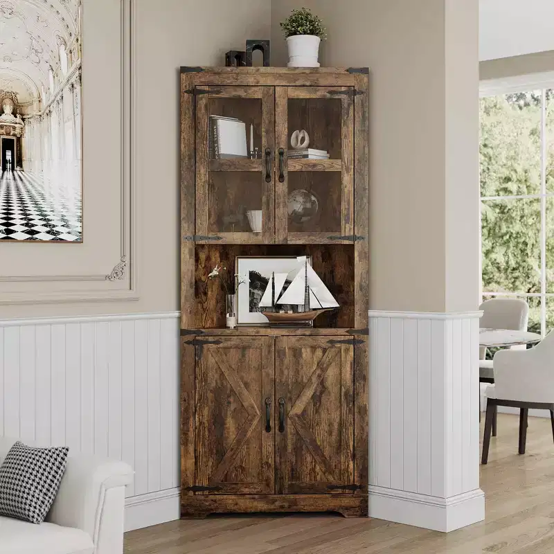 Lighted Farmhouse Corner Storage Cabinet, 67 In Tall Organizer with Adjustable Shelves, Glass Door, for Living Room, Kitchen, Bathroom, Entryway