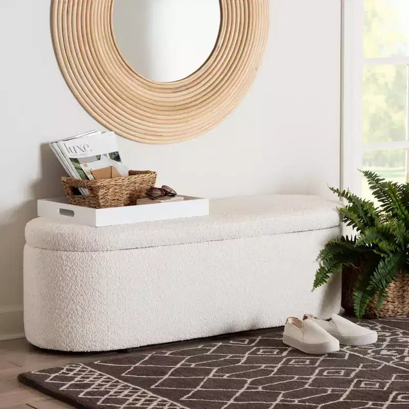 Baxton Studio Lavina Teddy Bear Fabric Storage Bench White: Oval Upholstered Ottoman, No Assembly Required