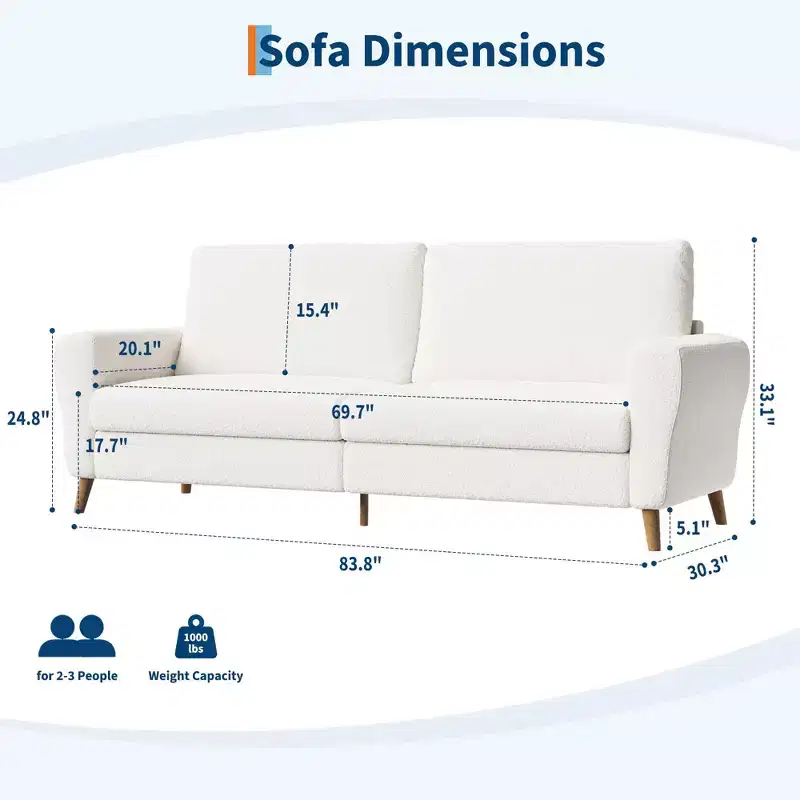 84 Inch Modern Sofa Couch, Large 3-Seater Sofa with Streamlined Armrests, Boucle Loveseat Wood Feet, Comfy Couch for Living Room, Apartment, Lounge