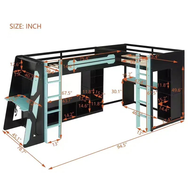 L-Shaped Gaming Loft Bed with Desks, Double Twin Loft Beds with LED Lights, USB Ports, Storage Bookshelves, Wood Corner Loft Bed for 2