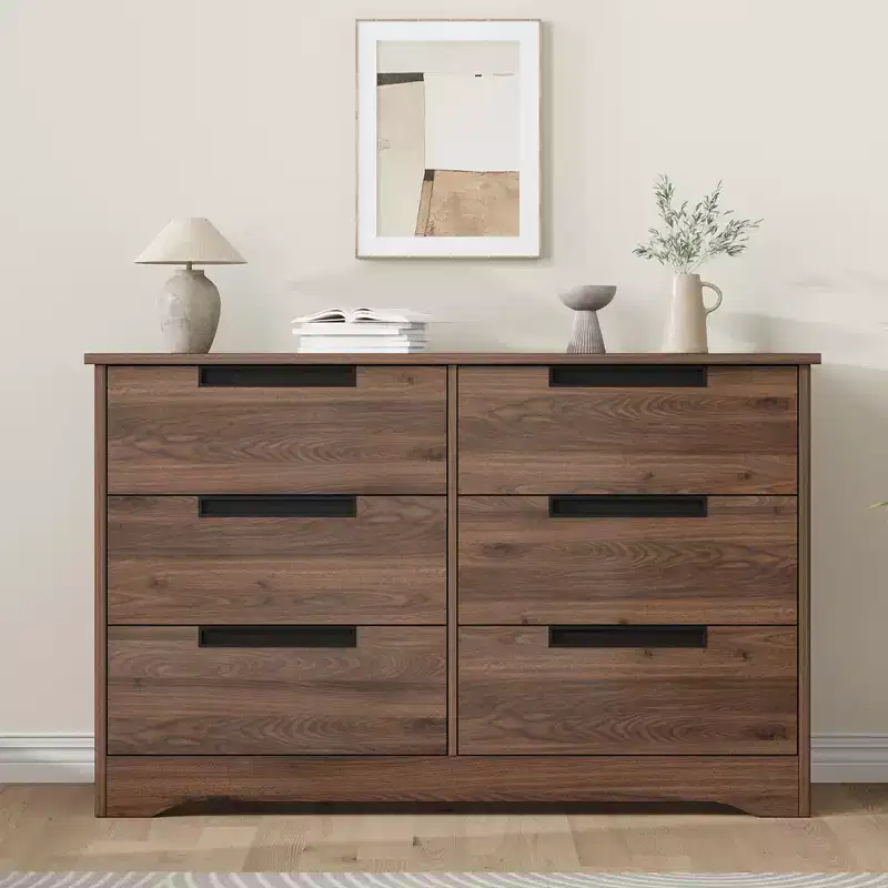 6 Drawer Dresser for Bedroom, Walnut 6 Chest of Drawers with Embedded Handles Design, Wooden Dresser Closet Organizer for Living Room Entryway Nursery