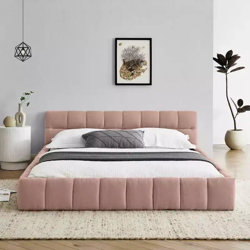 Queen Size Upholstered Bed Frame with Thick Fabric & Headboard, Solid Frame for Bedroom, Pink