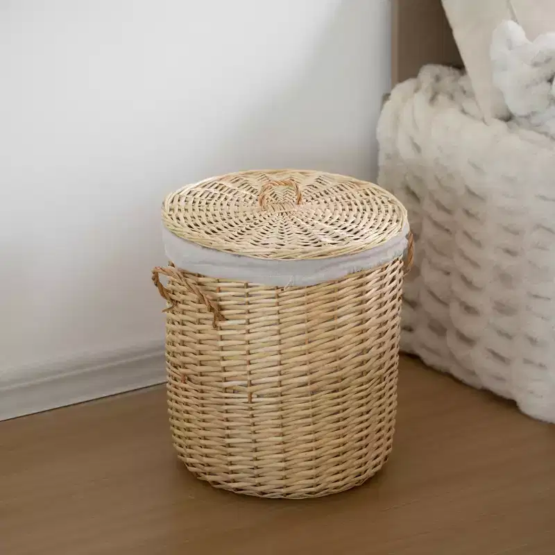 Round Willow Wicker Laundry Basket with Lid Side Handles & Removable Fabric Liner Natural Decorative Storage Hamper