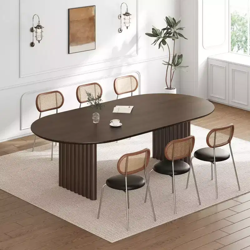 79 x 33.5 Dining Table Wood Oval Kitchen Table with Scratch-Resistant Top & Striped Legs Modern Farmhouse for Living Room Kitchen Walnut