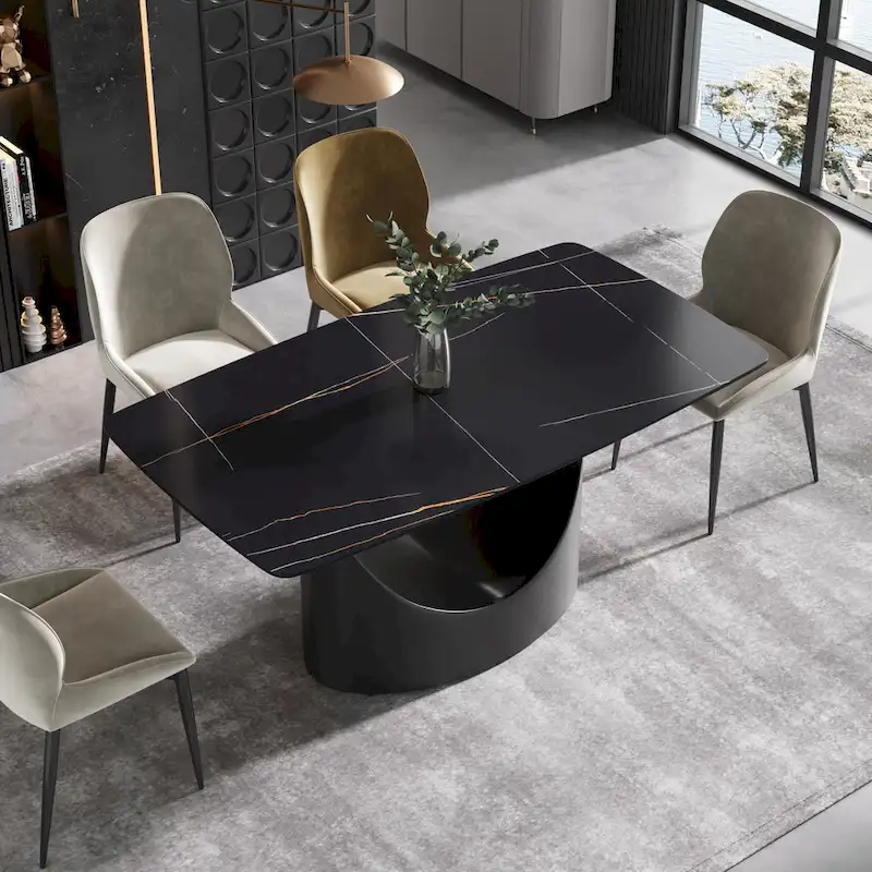 63-Inch Dining Table with Sintered Stone Tabletop and Metal Base