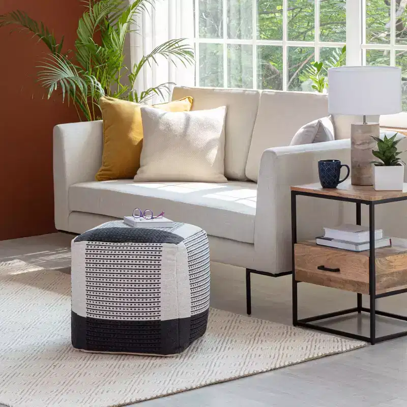 Carrapateira Pouf Black/Ivory - Anji Mountain: Modern Handmade Abstract Upholstered Ottoman, Textured Cotton, 21" Square