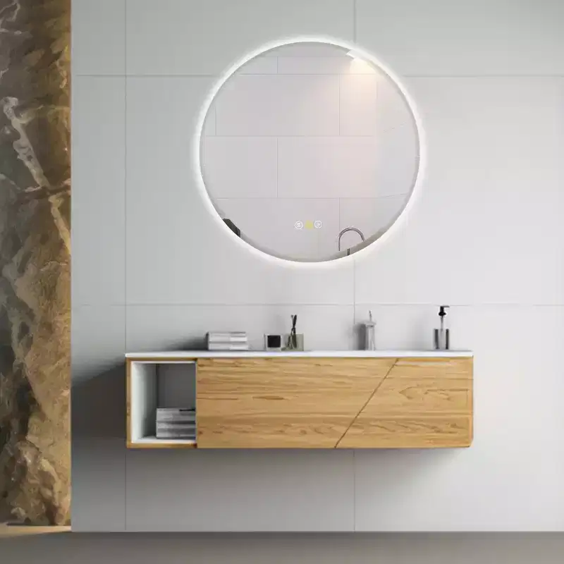 Stufurhome Round Beveled Edge 3 Colors Dimmable LED Anti-Fog Memory Wall Mount Bathroom Vanity Mirror