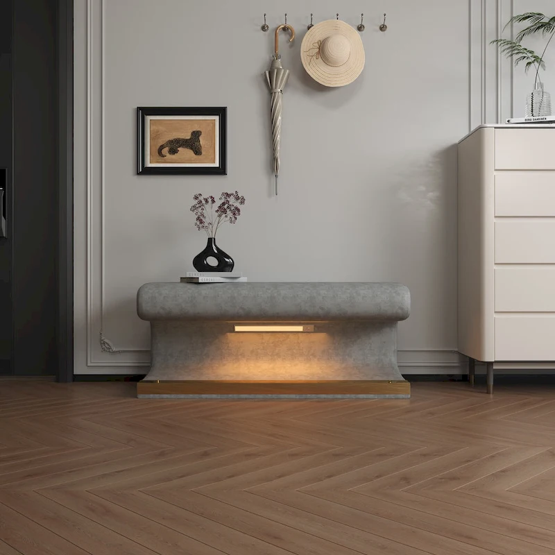 37W Entryway Bench Leather Upholstered Ottoman with LED