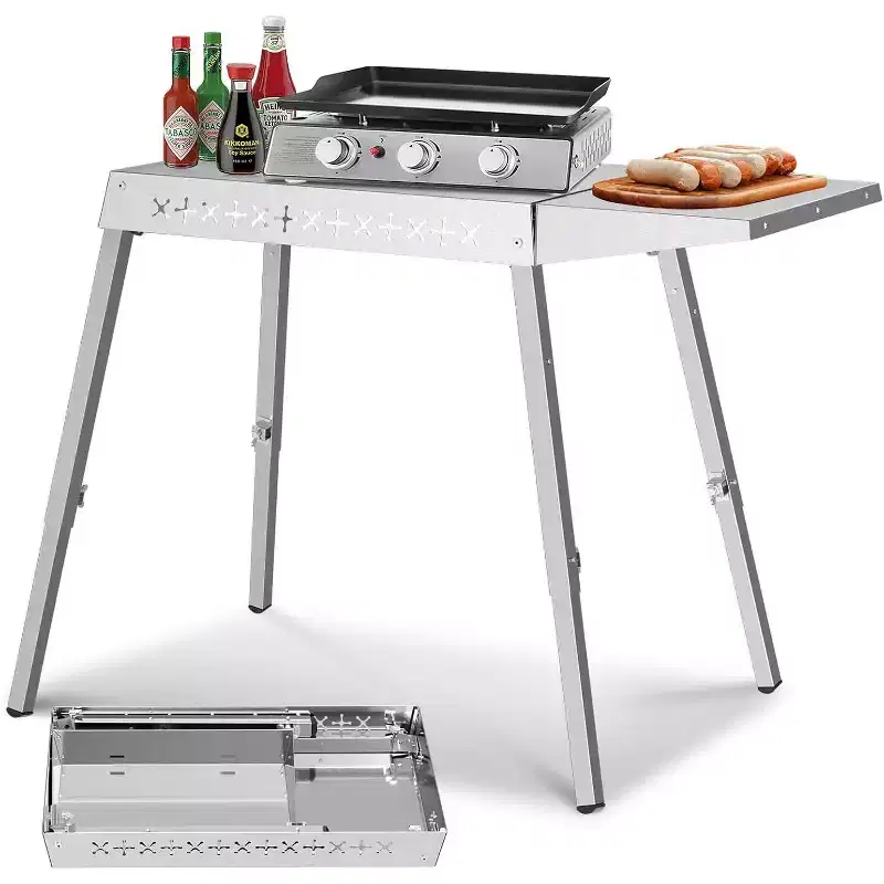Portable Folding Grill & Prep Table with Wheels, Stainless Steel BBQ Stand for Camping, Tailgating & Outdoor Cooking, Rolling Dining Cart