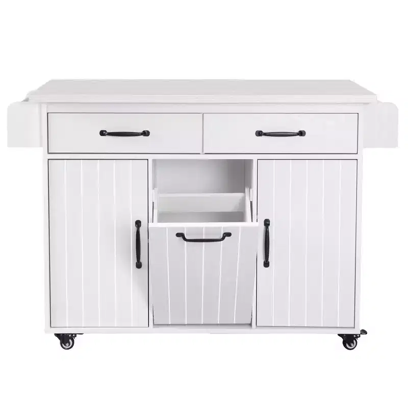 Kitchen Island Cart with Tilt-Out Trash Storage and Rolling Wheels, White