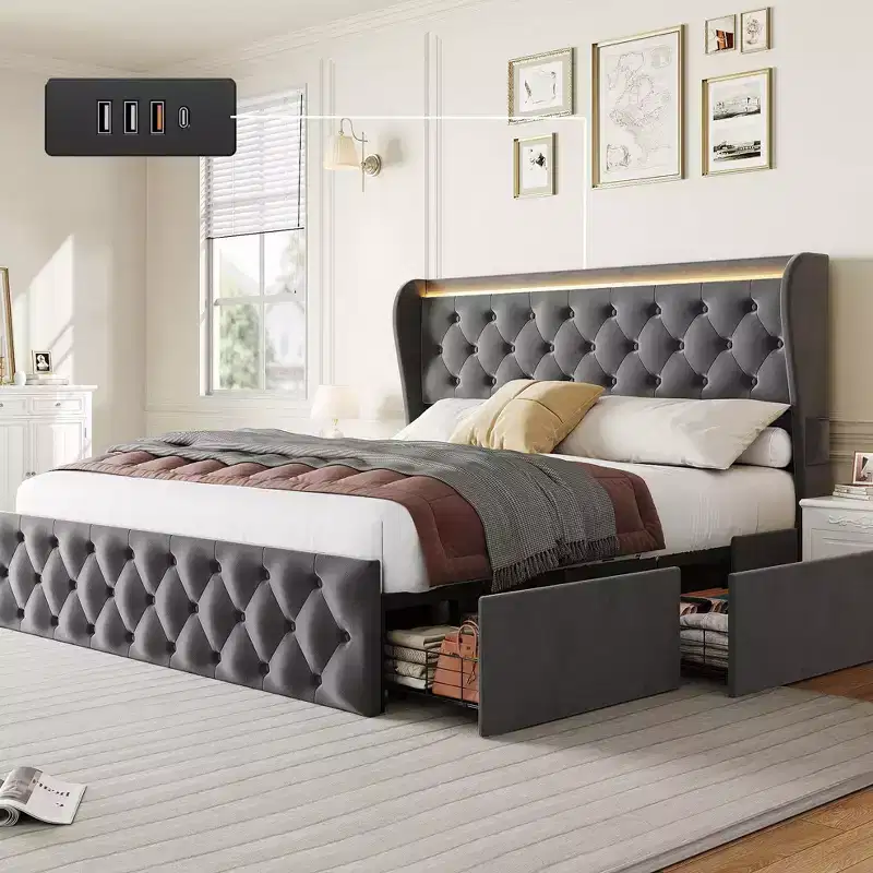 TROPOW King Size Bed Frame with Button Wingback Headboard and 4 Drawers, Velvet Upholstered Platform Bed , No Box Spring Needed