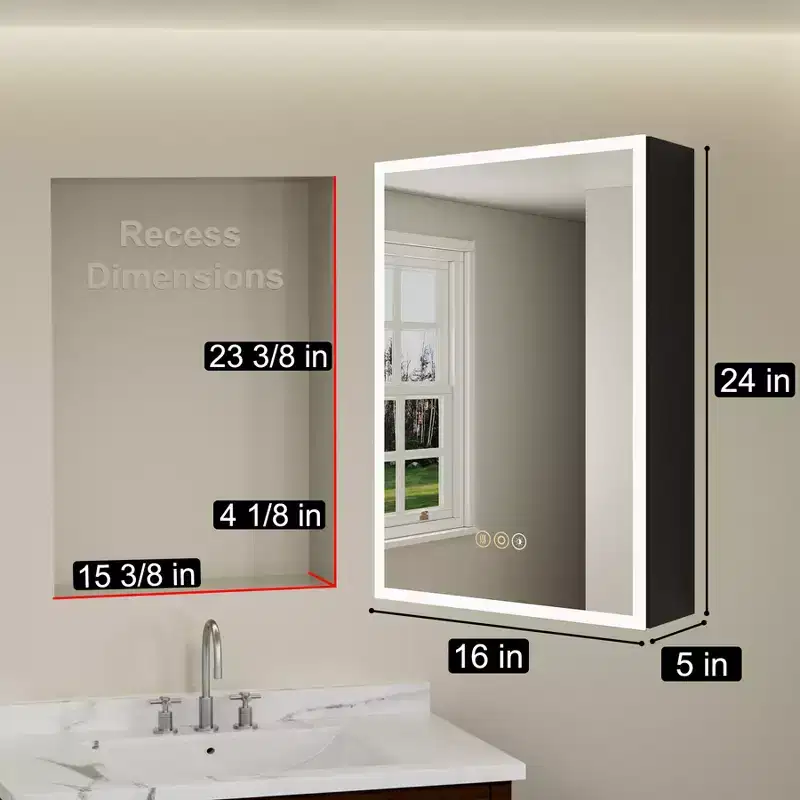 HBEZON Medicine Cabinet with Mirrors and Lights, Recess/Wall Mount Bathroom Cabinet, 3 Mode Light, Dimmable, Defogger, Black