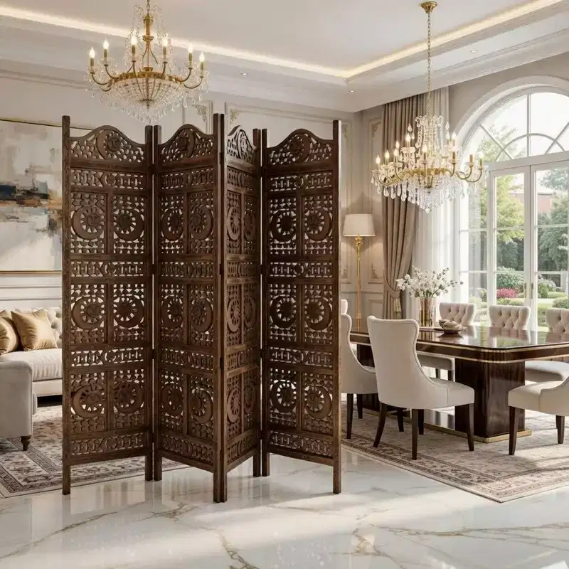 71 Inch 4 Panel Mango Wood Room Divider, Hand Carved, Sun & Moon Design, Brown