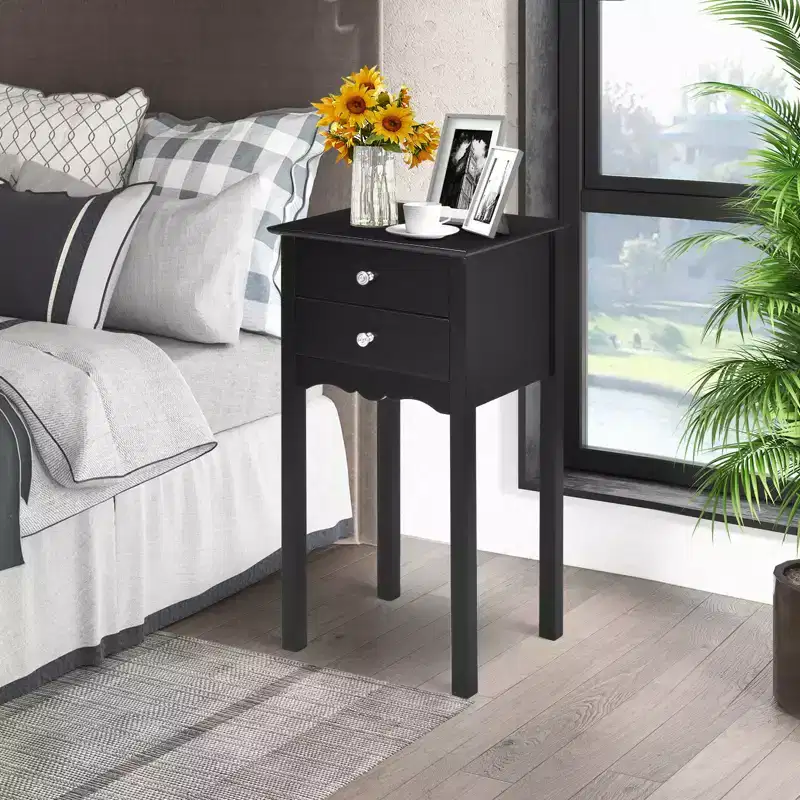 Side Table End Accent Table Night Stand with 2 Drawers, Black
