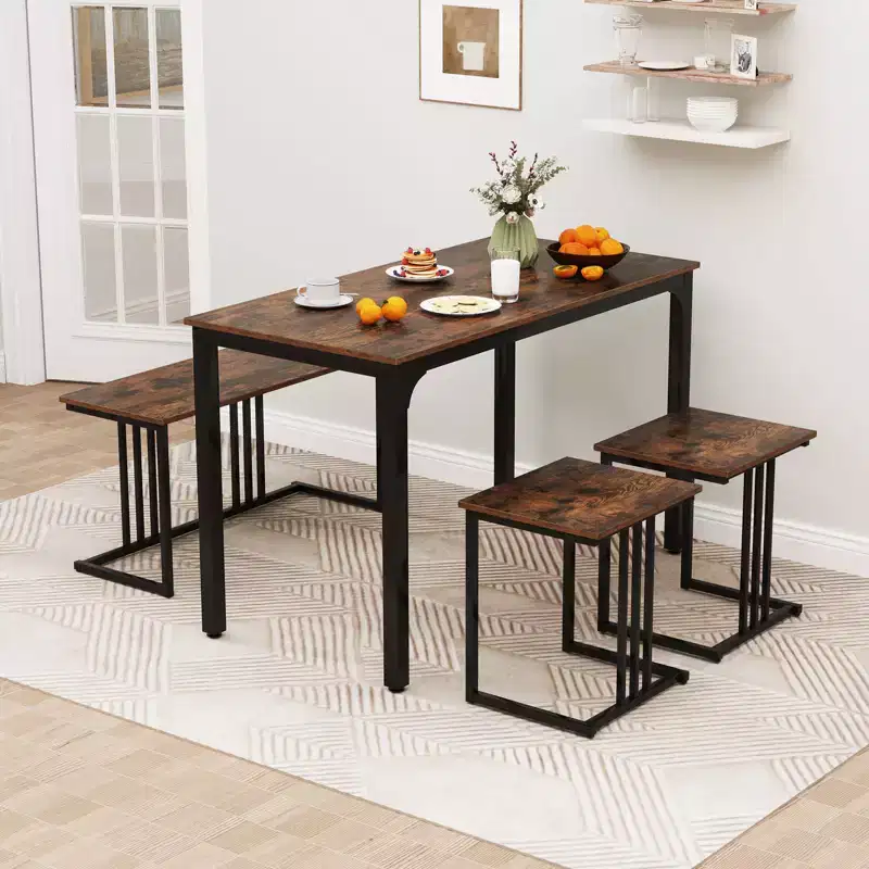 Costway 4-Piece Dining Table Set Industrial Kitchen Table Set w/ Bench & 2 Stools for 4