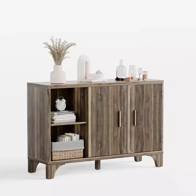 Modern 3-Door Storage Cabinet with Fluted Doors & Adjustable Shelves
