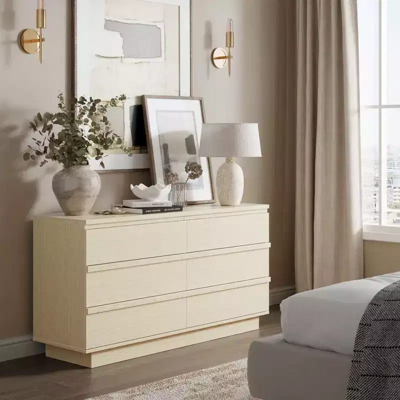Qwatto 6 Drawer Double Dresser Modern Chest of Drawers Wide Bedroom Storage Organizer Cabinet with Deep Drawers for Living Room Closet Natural Beech