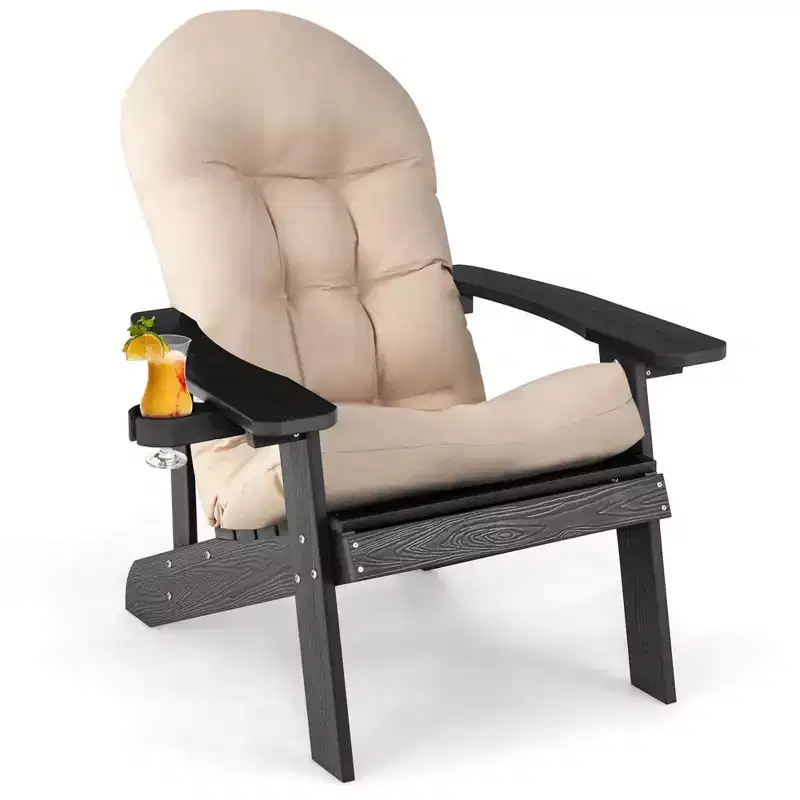 Costway Adirondack Chair HIPS Adirondack Chair with Cup Holder & Cushion Black/Green/Navy/Grey/White/Yellow