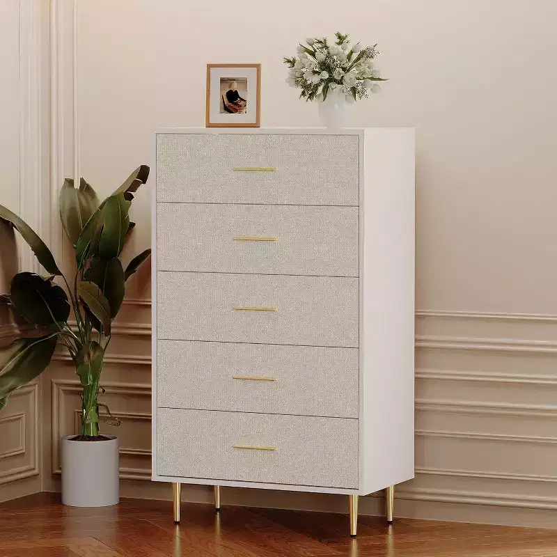 White 5 Drawer Dresser, Tall Narrow Chest of Drawers, Wooden Skinny Dresser with Gold Metal Handles and Legs, Modern Storage Drawer Cabinet