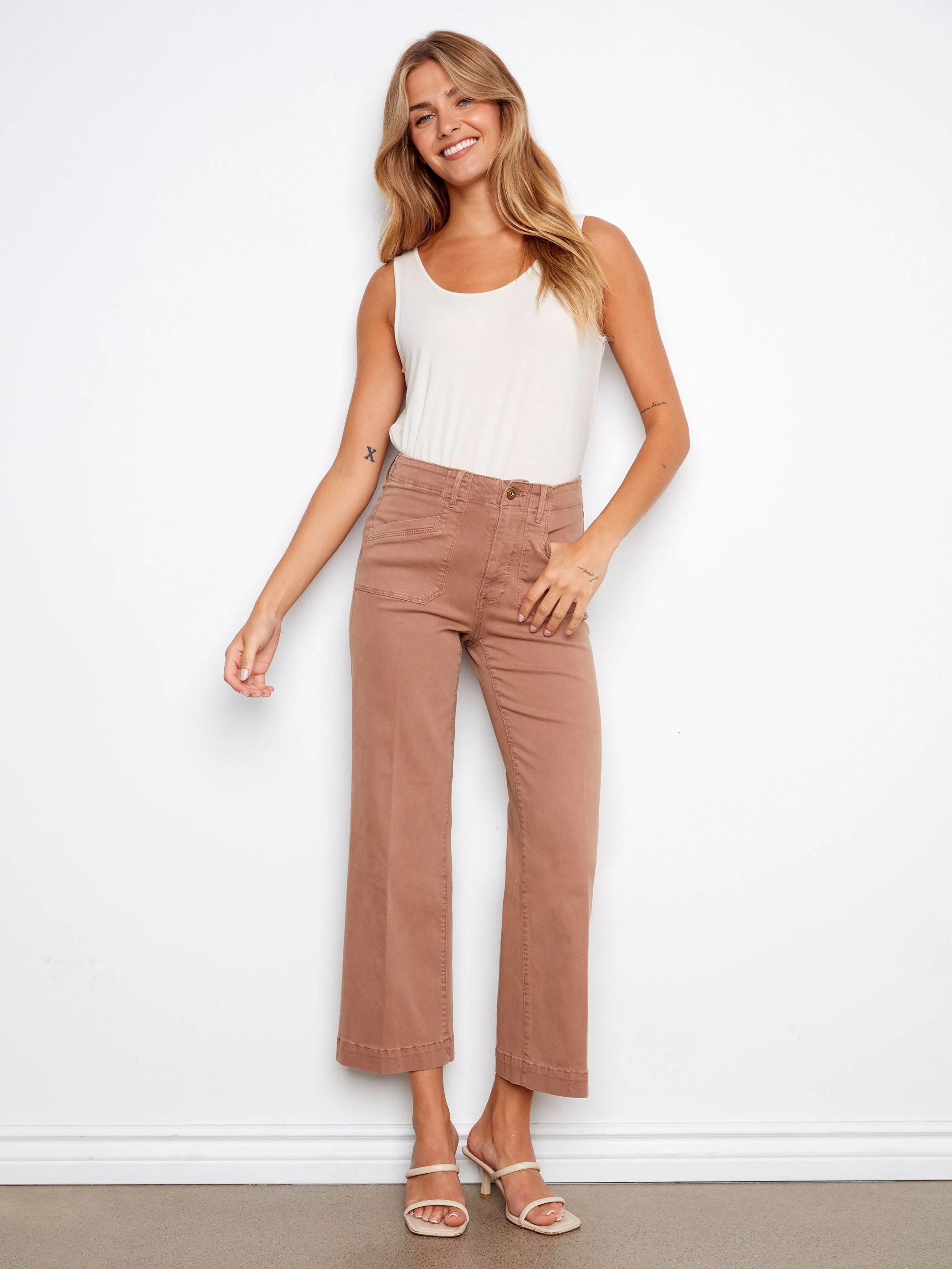 Cropped Wide Leg Stretch Twill Jeans - Brown
