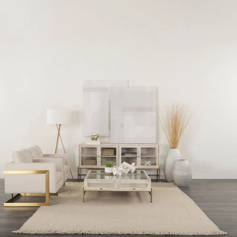 Blonde Solid Wood w/ Gold Iron Base & Glass Doors Sideboard - 70W x 32H x 18.75D