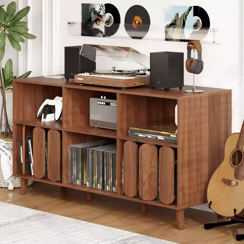 55 Large Record Player Stand, Wood Rustic Vinyl Record Storage Cabinet with Charging Station, 2 Outlets & USB Ports, Open Shelves Holder