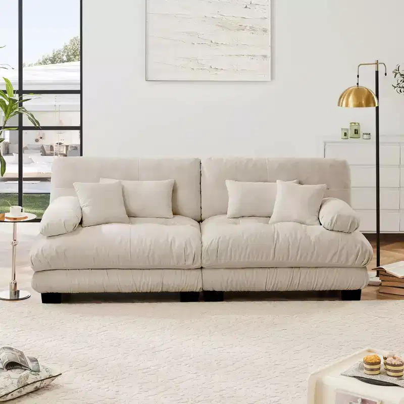 MAYEERTY 2 Seater Sofa with 2 Lumbar Pillows 2 Throm Pillows for Living Room Light Coffee