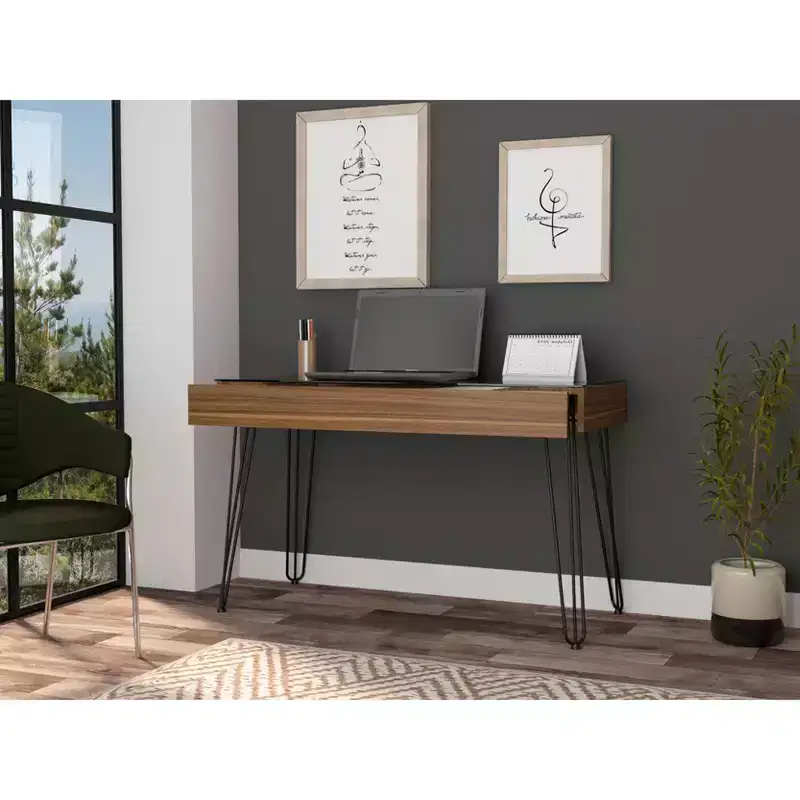 TUYOHW Writing Desk,Industrial Computer Desk with One Spacious Drawer,Hairpin Legs,Clear Glass Top,Modern Study Desk for Home Office,Study,Bedroom