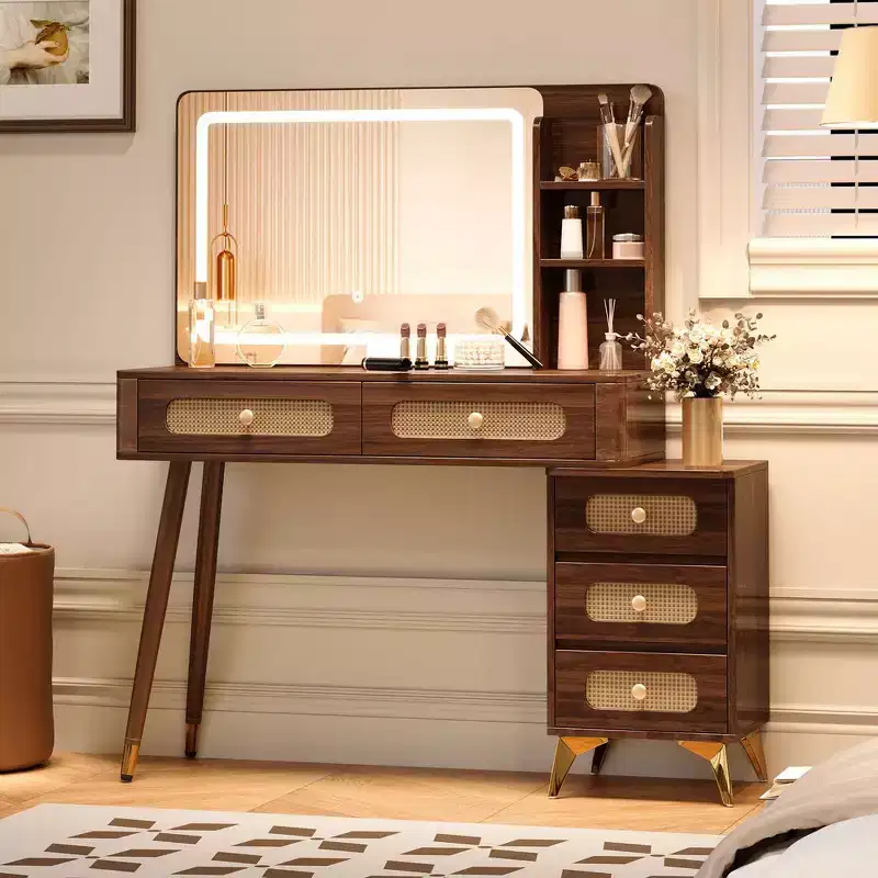 Whisen Makeup Vanity Table with Mirror, Lights, 5 Drawers and Storage Shelf