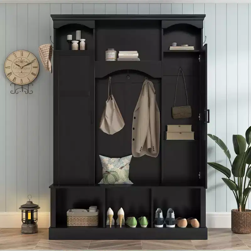 Modern All-in-One Hall Tree with Adjustable Shelves, Farmhouse Storage Bench with 7 Hooks & Side Cabinets, Entryway Organizer - ModernLuxe