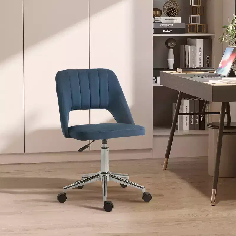 Modern Mid Back Office Chair with Velvet Fabric, Swivel Computer Armless Desk Chair with Hollow Back Design for Home Office