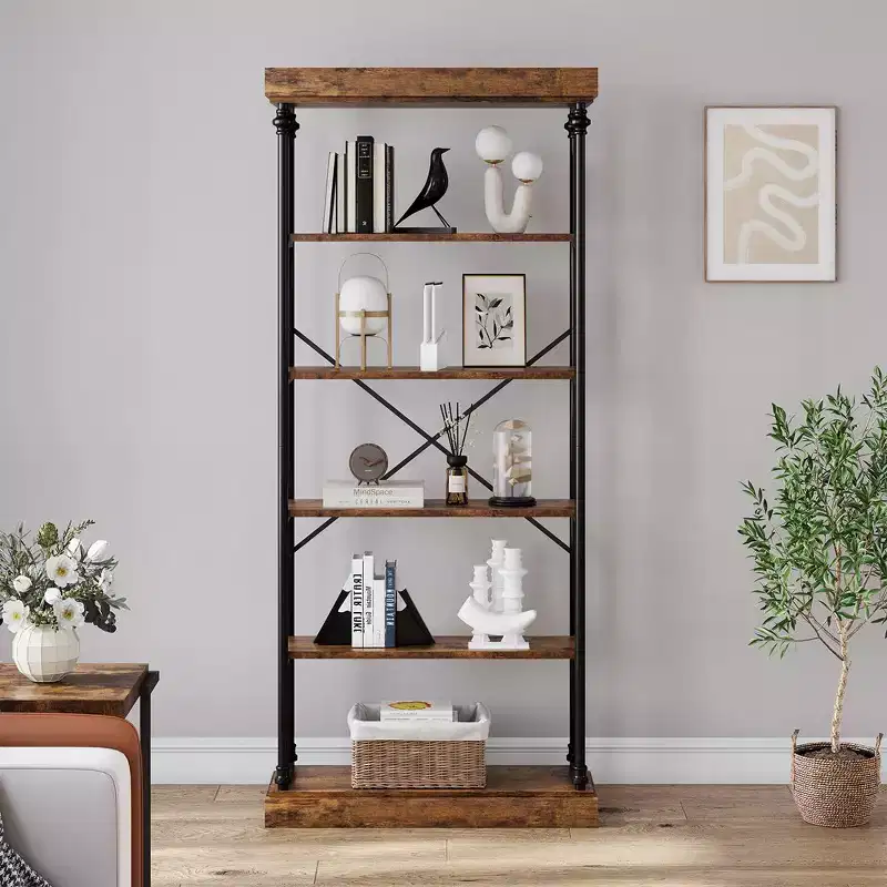 Whizmax Industrial Bookshelf Wood Bookcase 6 Tier Storage Open Rack Shelf Metal Frame for Bedroom,Living Room and Home Office