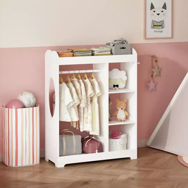 Kids Dresser Storage Rack with Mirror & Hooks, Wooden Rack with Hanging Rod, 3 Side Hooks, Shelves, Top ShelfPlayroom, Bedroom, Nursery, White