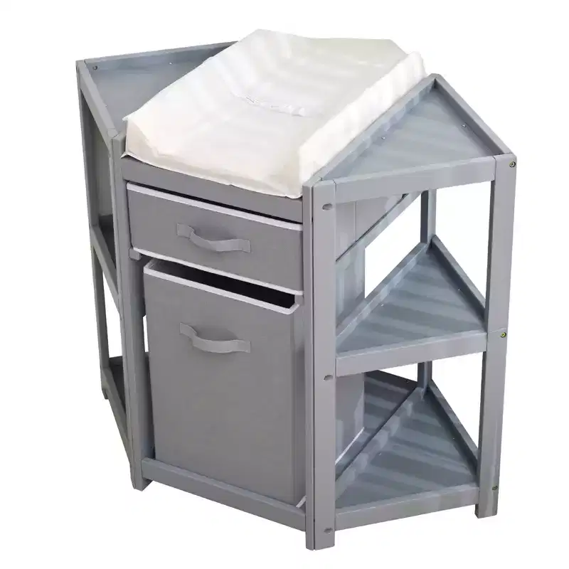 Space-Saving Corner Baby Changing Table with Storage Drawer, Laundry Hamper & Waterproof Pad, Modern Wood Diaper Station for Nursery, Grey