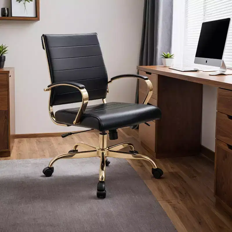 Leather Office Chair with Gold Accents, Adjustable Height, Swivel Base, Ergonomic Design