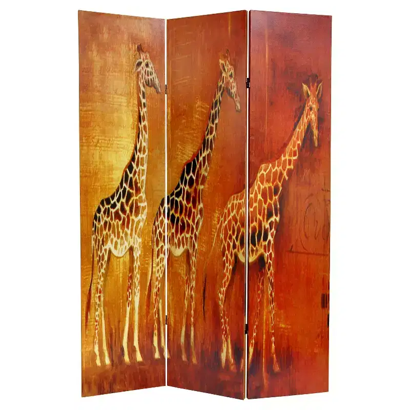 Giraffe & Elephant Double Sided Room Divider - Oriental Furniture: African Style Canvas Partition, 6ft Wall Separator
