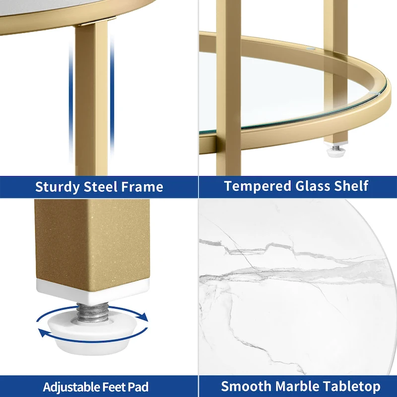 White Marble Pattern Round Coffee Table with Glass 2-Tier Circle Gold Frame