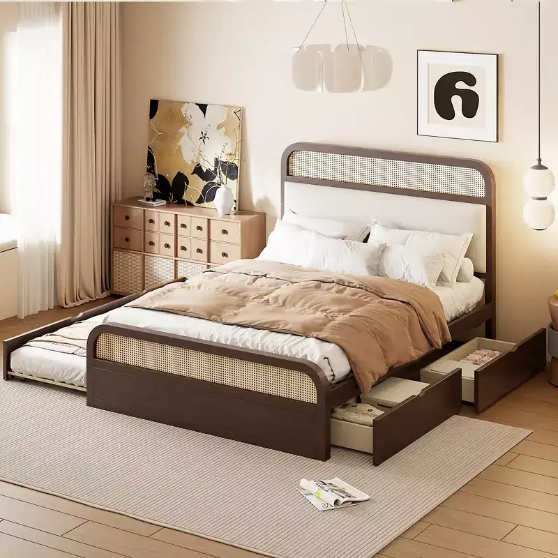 Queen Size Wooden Platform Bed with Trundle and 2 Drawers, Rattan Accents