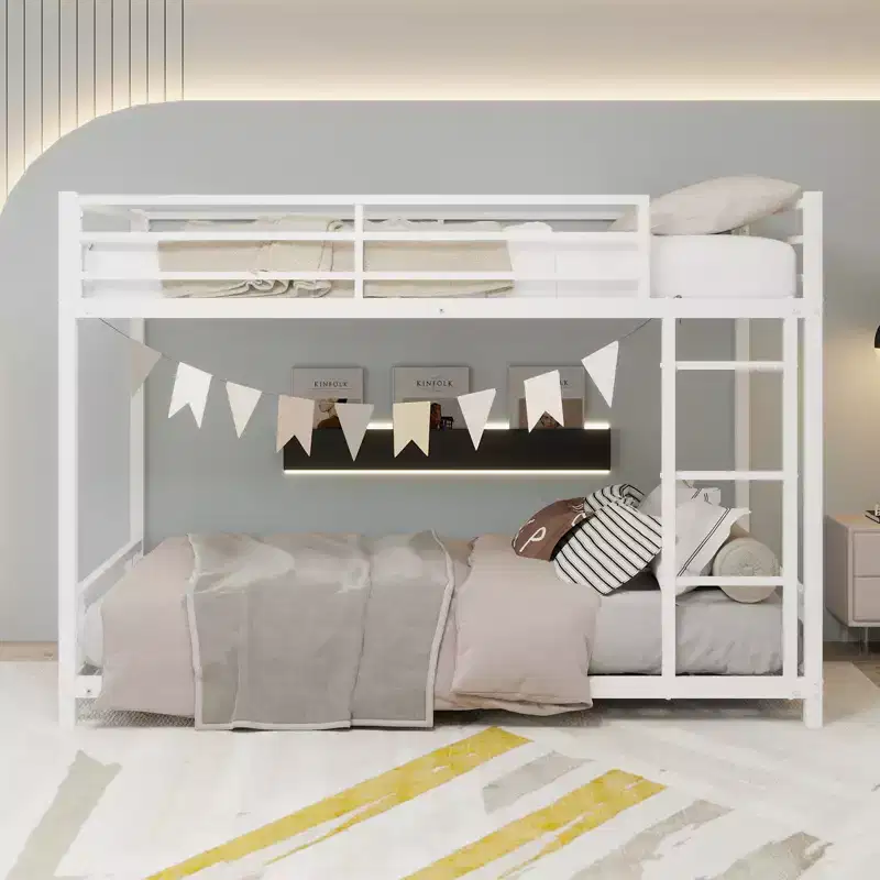 Metal Twin over Twin Bunk Bed, Heavy-duty Sturdy Metal, Noise Reduced, Safety Guardrail, No Box Spring Needed, White