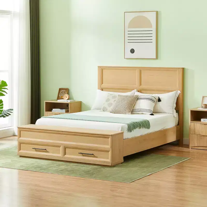 Queen/King Platform Bed Frame with Drawers, Storage Bench and 3D Geometric Headboard