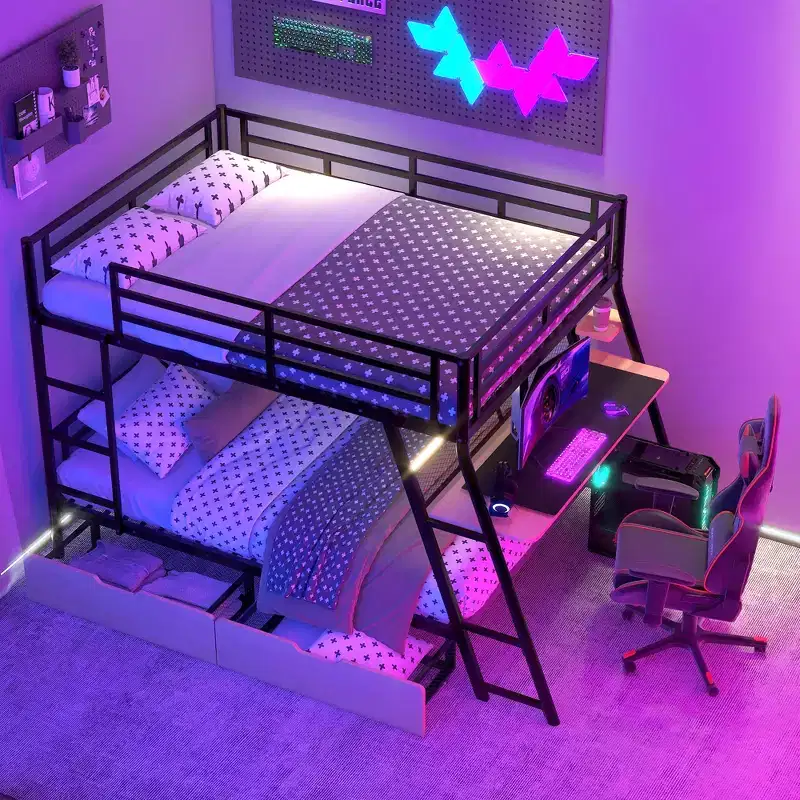 Whisen Full Size Metal Bunk Bed with Built-in Desk and Light and 2 Drawers - Black