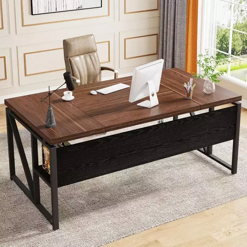 Lantine 63-inch Computer Desk with bottom storage shelf, dark walnut and steel legs, for home office workstation; cabinet not included.