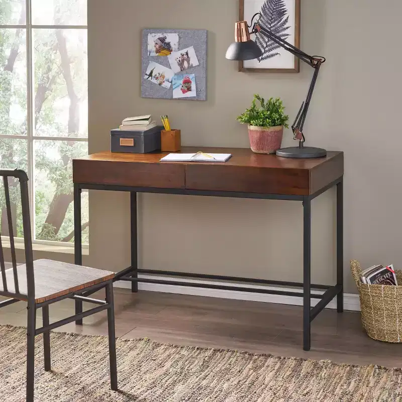 44IN Retro Standing Desk with Metal Frame, Computer Desk with 2 Drawers, Home Office Desks for Living Room, Study, Reading Room, Oak